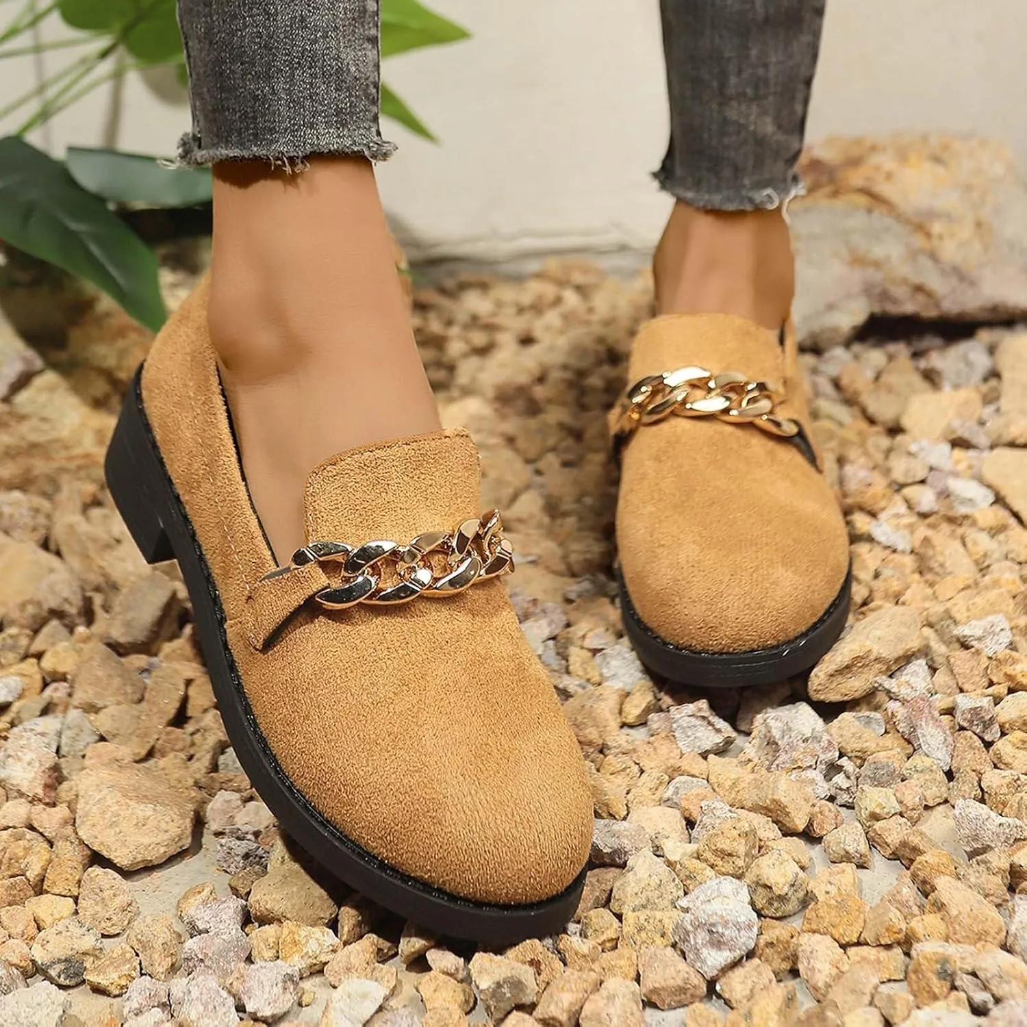 Women's Casual Slip On Loafers Comfortable Round Toe Mules with Metal Buckle Design for Daily Wear and Travel