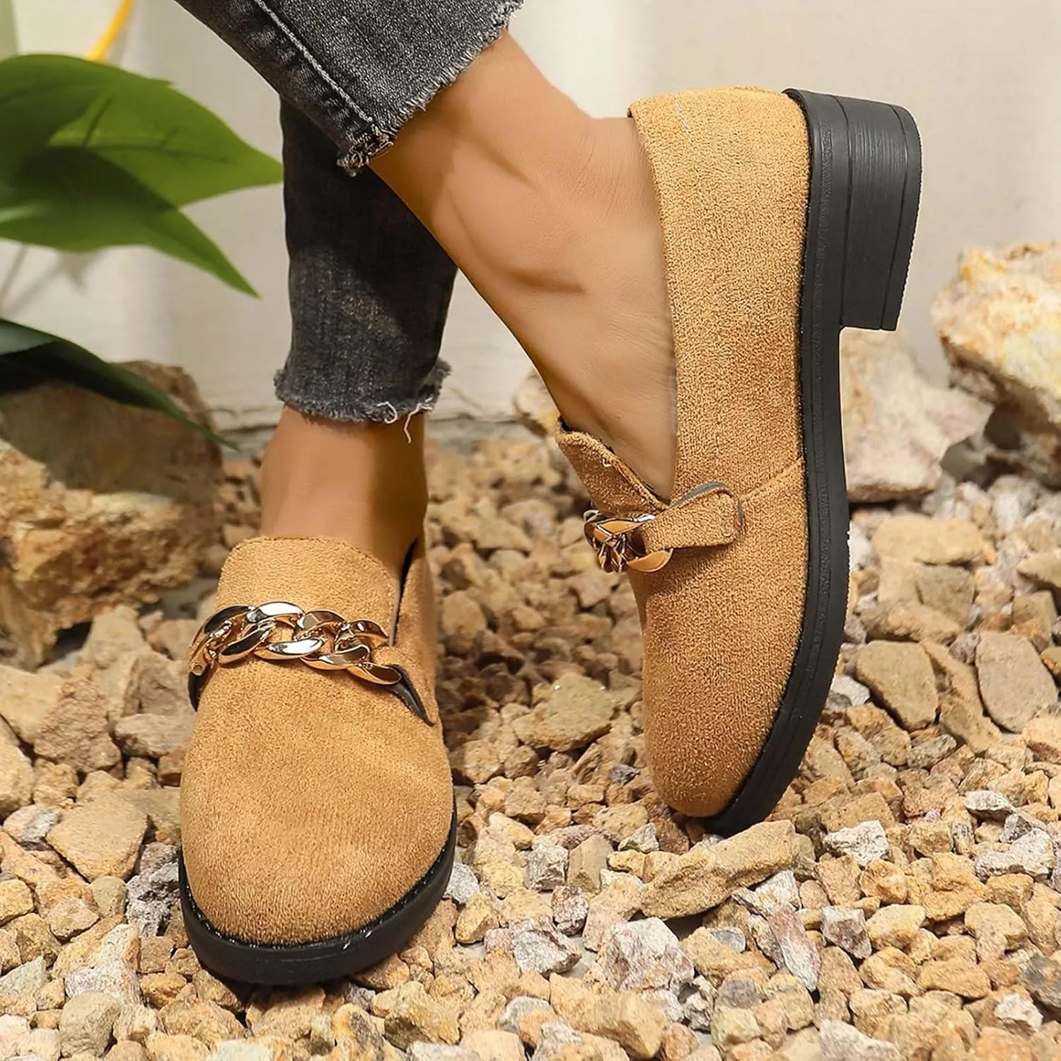 Women's Casual Slip On Loafers Comfortable Round Toe Mules with Metal Buckle Design for Daily Wear and Travel