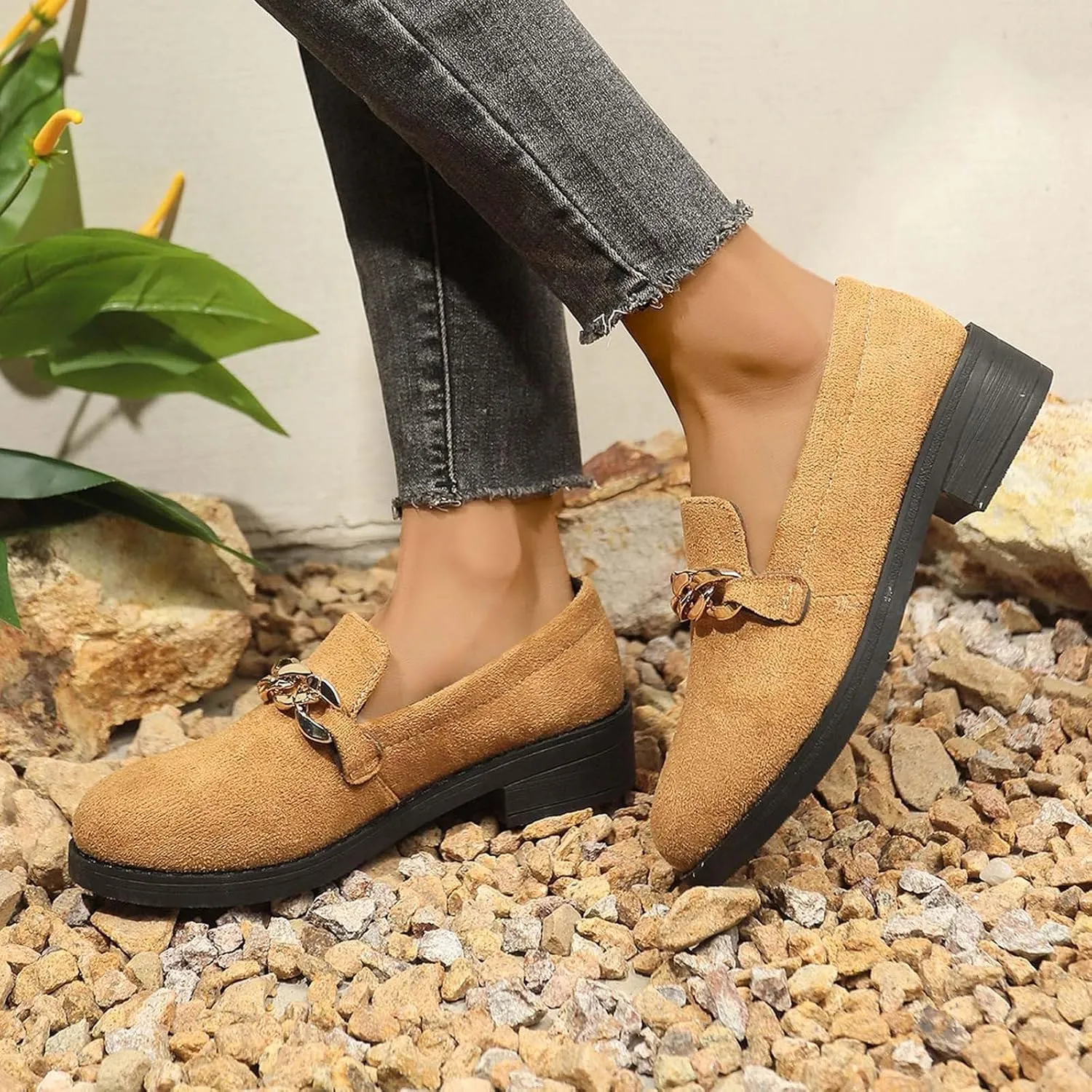 Women's Casual Slip On Loafers Comfortable Round Toe Mules with Metal Buckle Design for Daily Wear and Travel