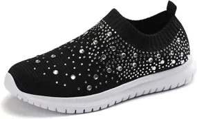 Women's Crystal Breathable Orthopedic Slip On Walking Shoes, Sparkle Rhinestone Slip On Loafers, Knitted Anti-Slip Sneakers Casua