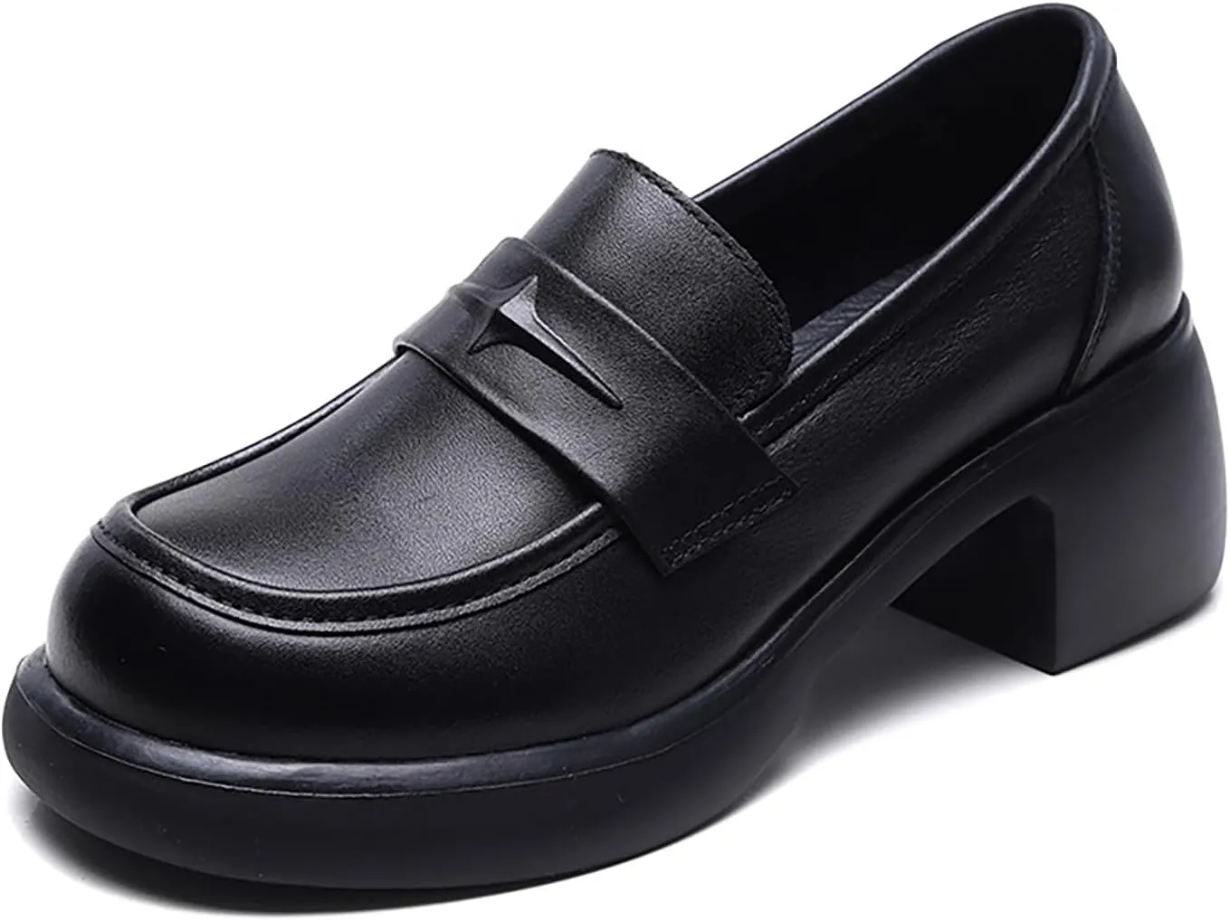 Women's genuine leather Slip-on Platforms Chunky Loafers Fashion Handmade Round Toe Block Heeled loafers Casual Comfortable Non-Slip Formal penny Shoes