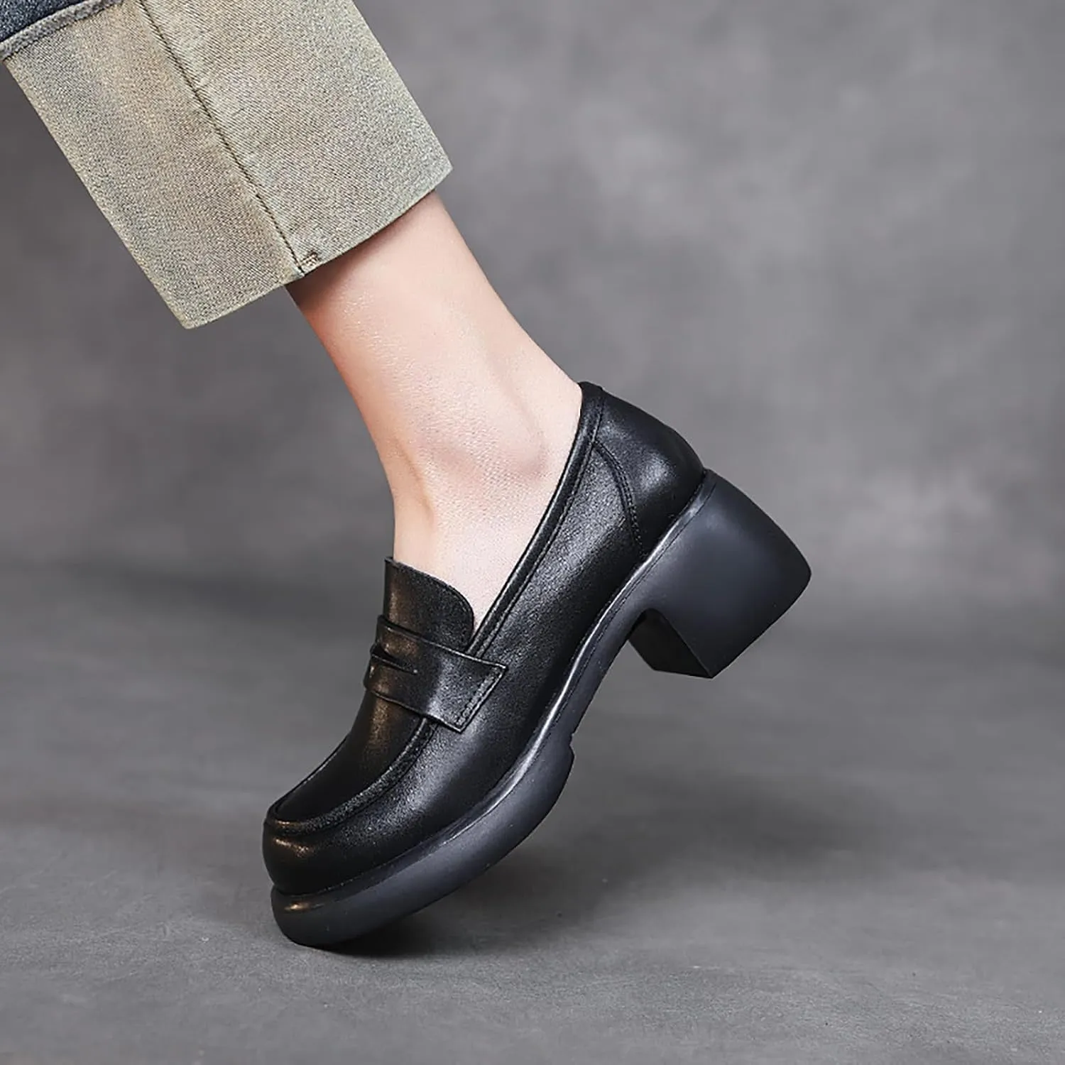 Women's genuine leather Slip-on Platforms Chunky Loafers Fashion Handmade Round Toe Block Heeled loafers Casual Comfortable Non-Slip Formal penny Shoes