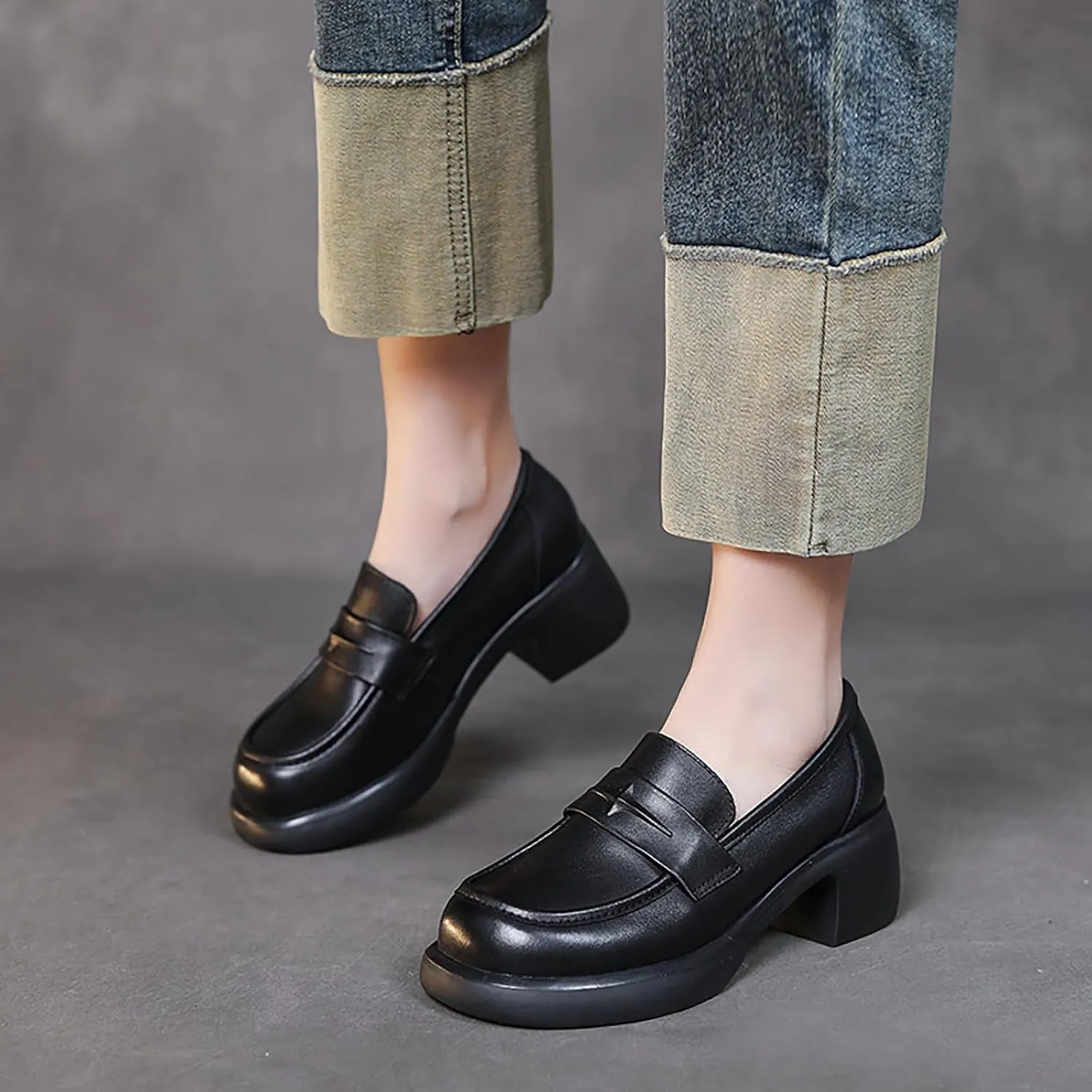 Women's genuine leather Slip-on Platforms Chunky Loafers Fashion Handmade Round Toe Block Heeled loafers Casual Comfortable Non-Slip Formal penny Shoes