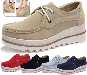 Women's Leather Platform Loafers Faux Suede Comfort Moccasins Comfortable Thick Soled Breathable Loafers，Wide Low Top Shoes Business Casual Walking Shoes