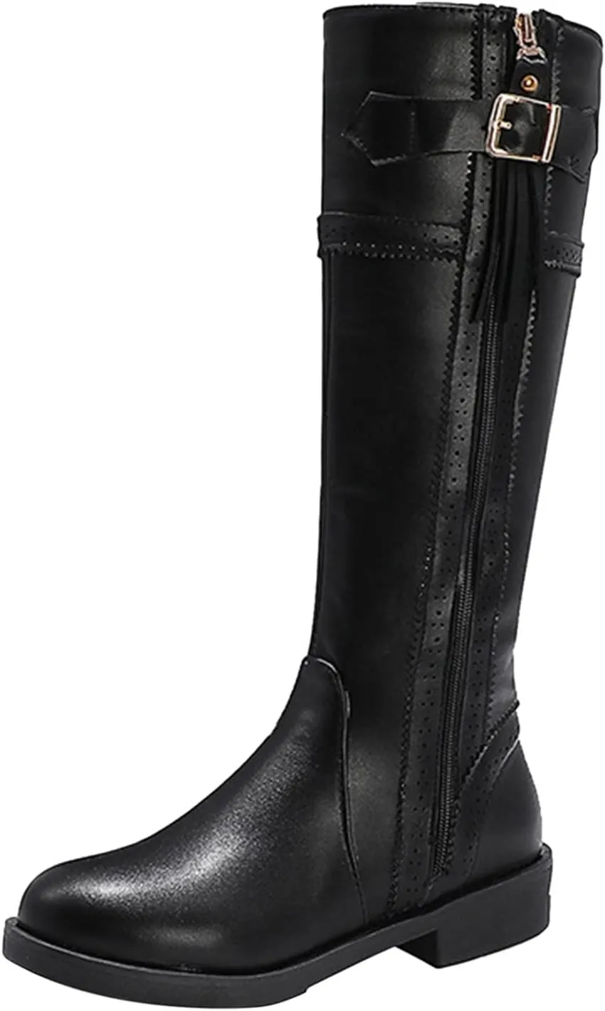Womens Western Leather Cowboy Boot Zipper Buckle Knee High Cowgirl Riding Boots Chunky Low Heel Booties Shoes
