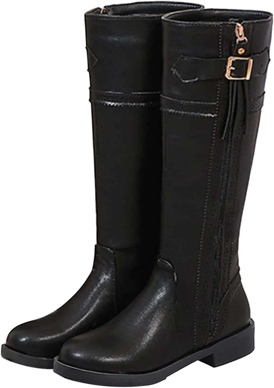 Womens Western Leather Cowboy Boot Zipper Buckle Knee High Cowgirl Riding Boots Chunky Low Heel Booties Shoes