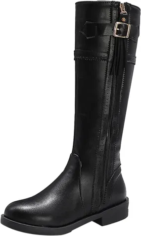 Womens Western Leather Cowboy Boot Zipper Buckle Knee High Cowgirl Riding Boots Chunky Low Heel Booties Shoes