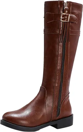 Womens Western Leather Cowboy Boot Zipper Buckle Knee High Cowgirl Riding Boots Chunky Low Heel Booties Shoes