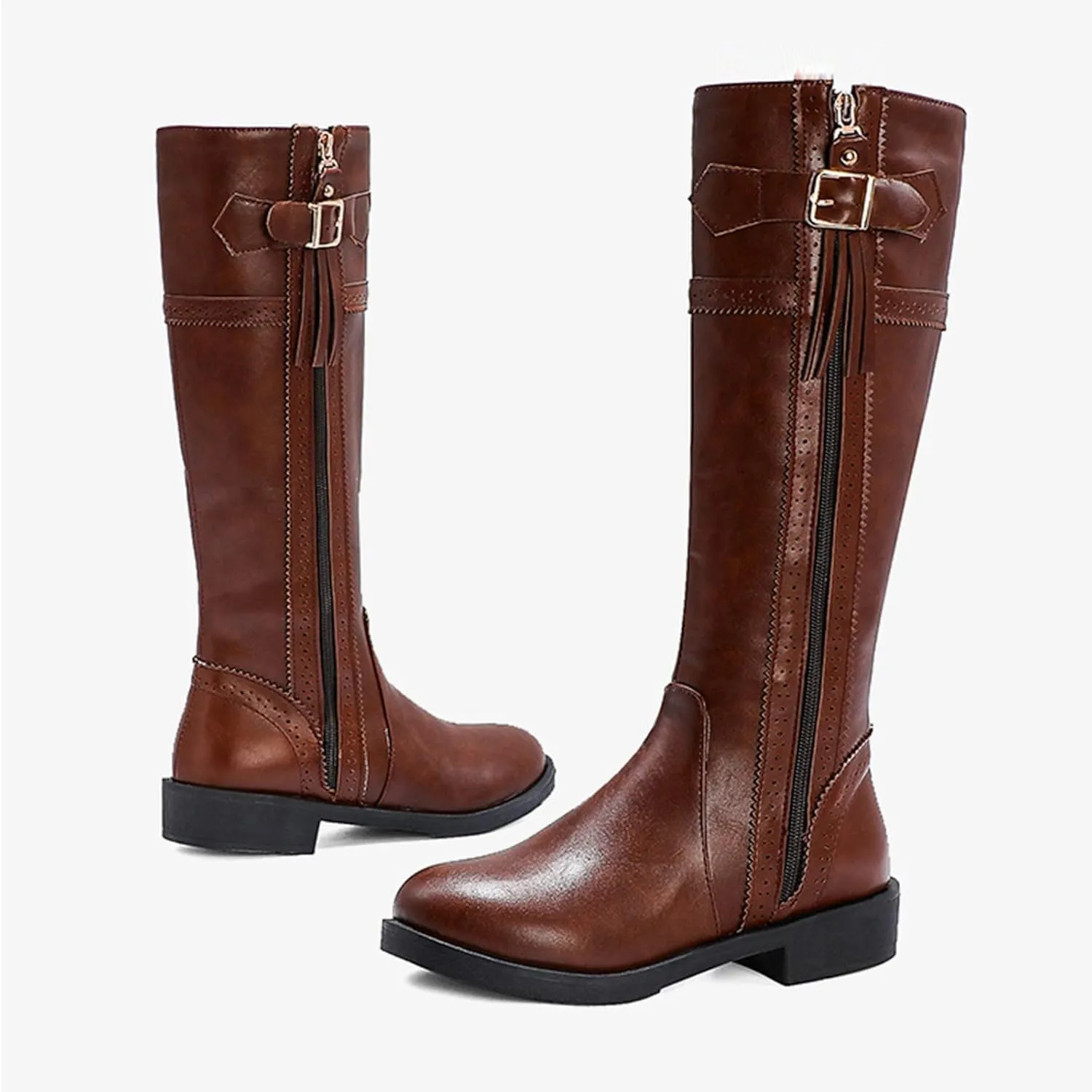 Womens Western Leather Cowboy Boot Zipper Buckle Knee High Cowgirl Riding Boots Chunky Low Heel Booties Shoes