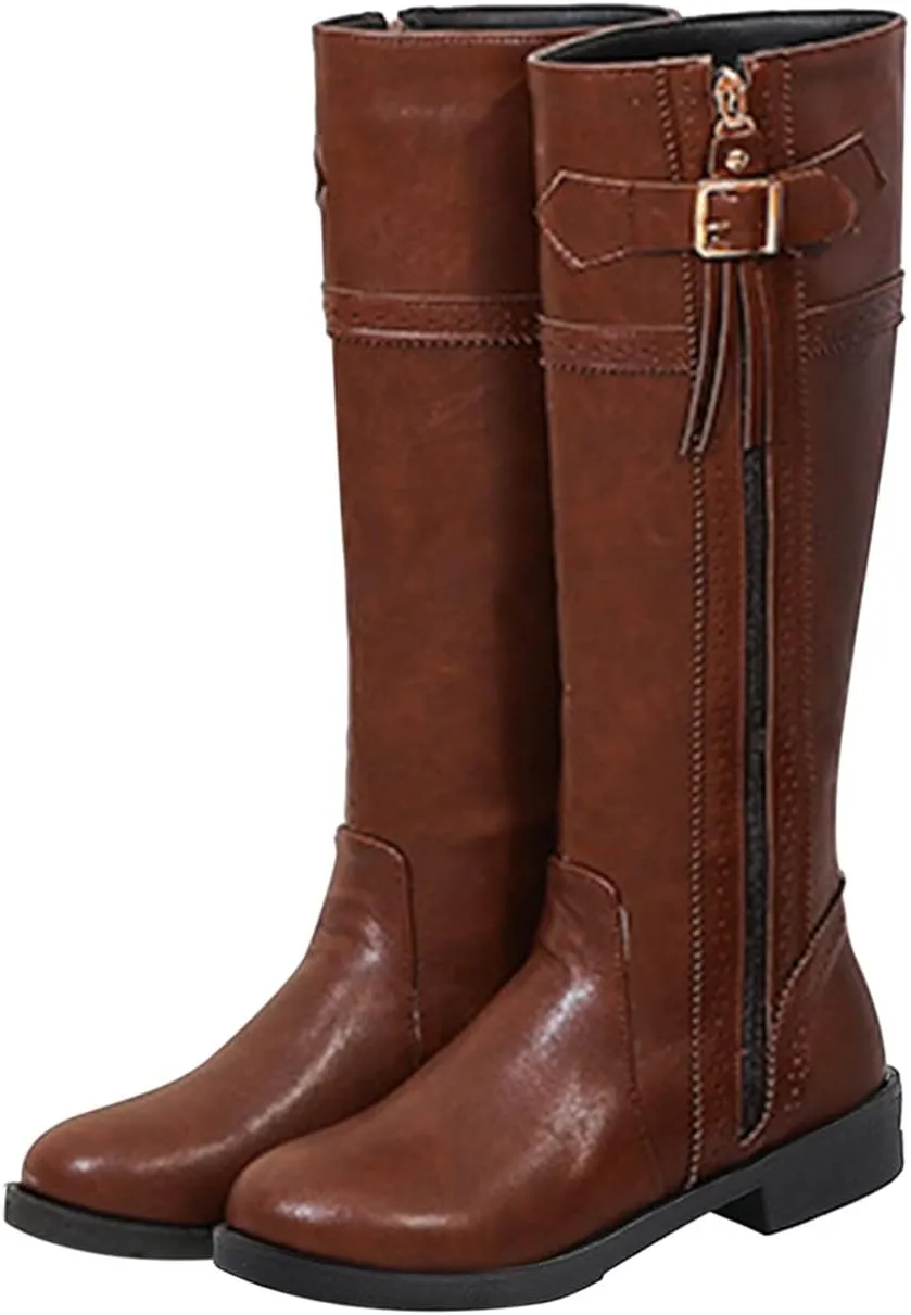 Womens Western Leather Cowboy Boot Zipper Buckle Knee High Cowgirl Riding Boots Chunky Low Heel Booties Shoes