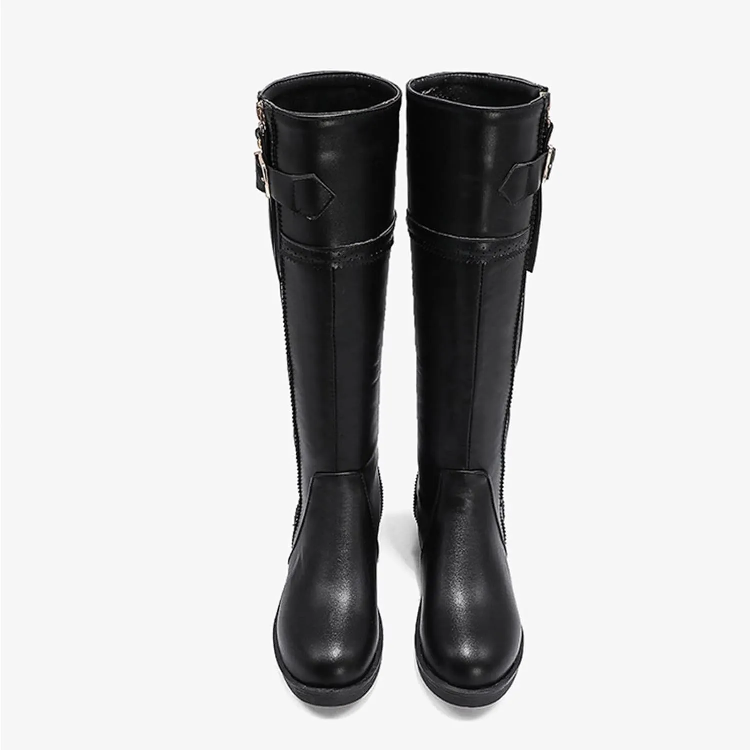 Womens Western Leather Cowboy Boot Zipper Buckle Knee High Cowgirl Riding Boots Chunky Low Heel Booties Shoes